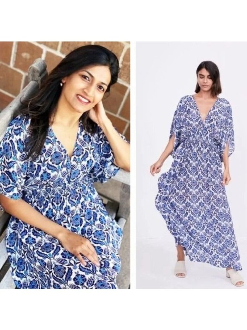 Rujuta Sheth x Anthropologie Marie White Blue Lotus Maxi Kaftan Dress - S / M - Picture 2 of 8
